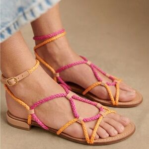 STUART WEITZMAN Cordy Sherbert Laniard Sandals Neon Braided Pink & Orange